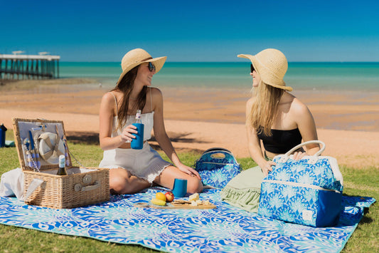 Good Vibes™ 2x2m Premium Picnic Mat Blanket, Waterproof Base, Carry Strap, Storage Pocket, 4 Ground Pegs - Peacock Paradise